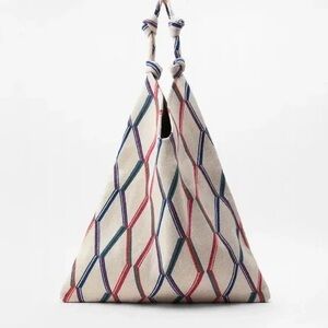 NWT ZARA Geometric Pattern Ecru Large Beach Tote Bag Minimalist Artsy‎ Japandi